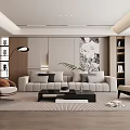 Elegant Modern Living Room Interior With Sofa Armchairs Coffee Table Artwork And Bookshelves