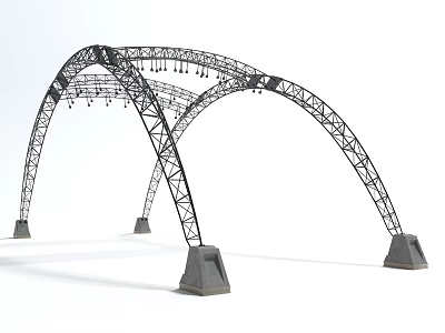 Industrial Arch Metal Truss Structure With Concrete Bases 3d model