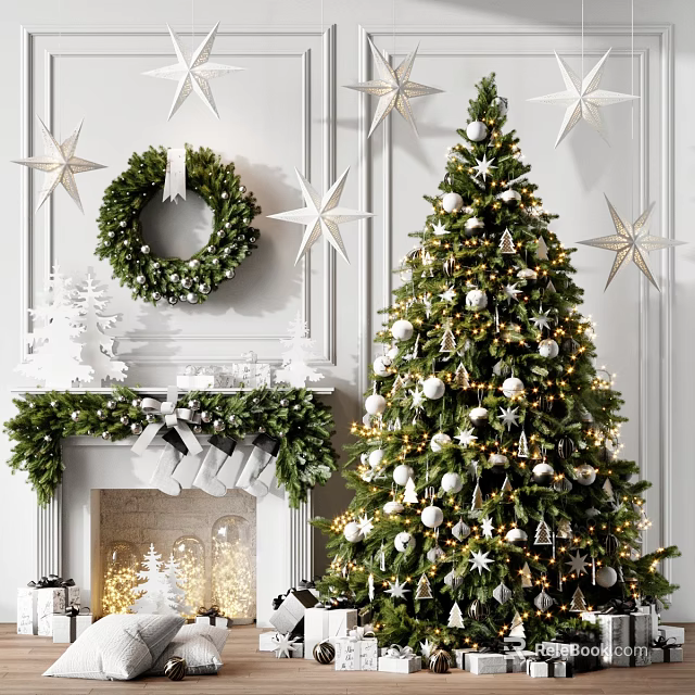 Christmas Tree Decorated With White Ornaments Stars And Wreath By Fireplace 3d model 
