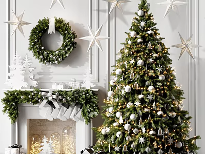 Christmas Tree Decorated With White Ornaments Stars And Wreath By Fireplace 3d model