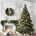 Christmas Tree Decorated With White Ornaments Stars And Wreath By Fireplace