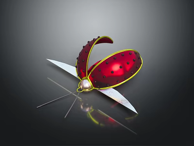 Stylish Red Hair Accessory With Black Dots Yellow Trim Pearl Decoration And White Wing Structure 3d model