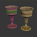 Sculpture Carving on Golden Goblets Featuring Intricate Patterns Red Gemstone Inlays and Ornate Stems