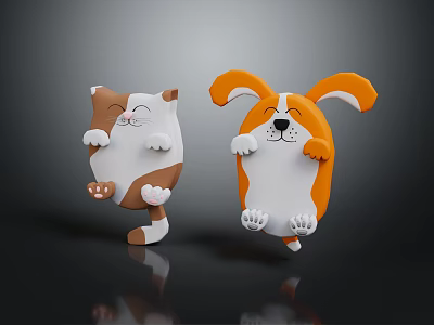 Cute 3D Cartoon Cat And Dog Figurines In Standing Pose With White Bellies 3d model