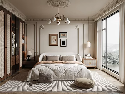 Elegant Classic Bedroom Interior Design With Ceiling Molding Chandelier Wooden Wardrobe And Neutral Bedding 3d model