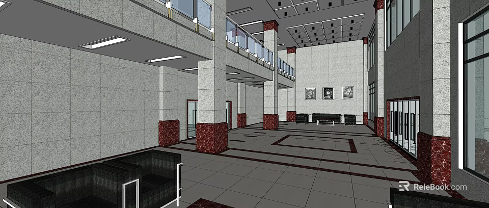 Spacious Lobby Reception Area With Sofa Seating Decorative Columns And Wall Paintings 3d model 