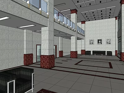 Spacious Lobby Reception Area With Sofa Seating Decorative Columns And Wall Paintings 3d model