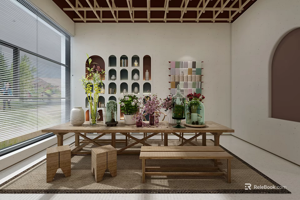 Flowers and Plants Arranged on Long Wooden Table in Bright Indoor Space with Decorative Vases 3d model 