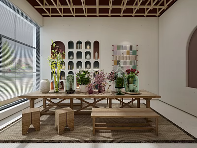 Flowers and Plants Arranged on Long Wooden Table in Bright Indoor Space with Decorative Vases 3d model