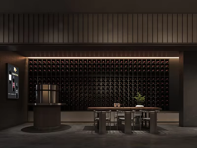 Modern Wine Cellar Interior With Wine Racks Table Chairs And Plant 3d model