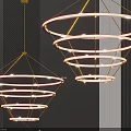 Modern Chandeliers With Multiple Glowing Rings Golden Frames Against Dark And Light Striped Background Walls