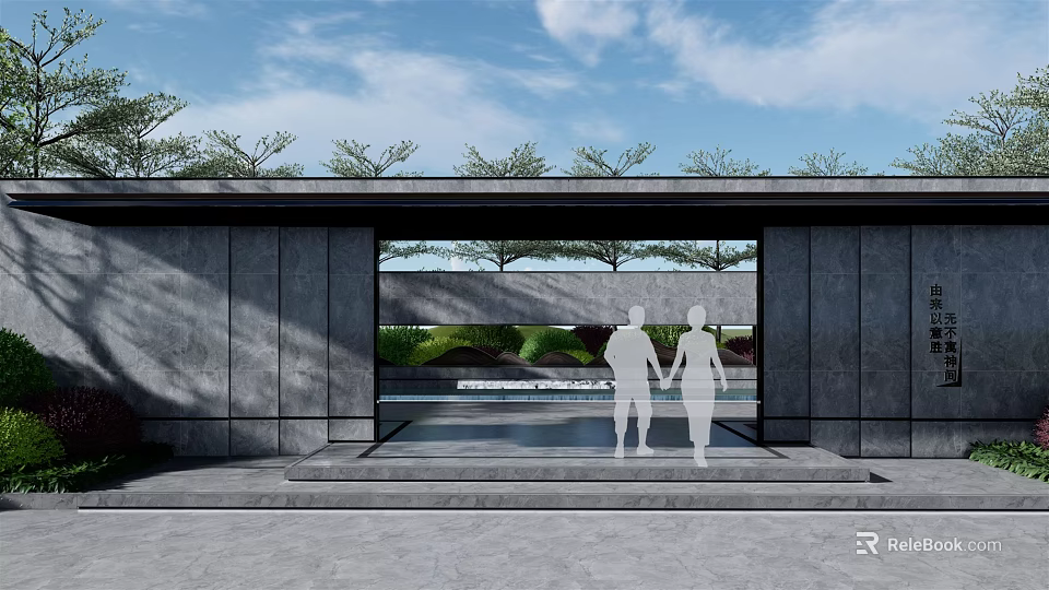 Modern Entrance Gate With Gray Walls Glass Door People Figures Greenery Pool And Blue Sky 3d model 
