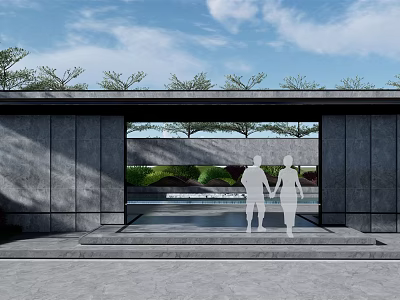 Modern Entrance Gate With Gray Walls Glass Door People Figures Greenery Pool And Blue Sky 3d model
