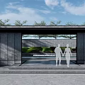Modern Entrance Gate With Gray Walls Glass Door People Figures Greenery Pool And Blue Sky