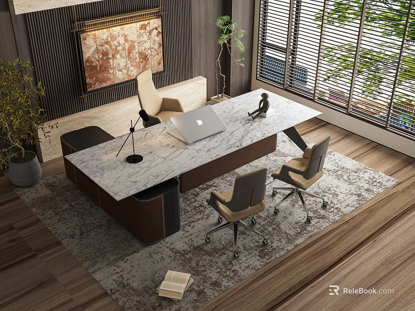 Modern Office Desk With Marble Top Laptop Office Chairs Plants And Area Rug 3d model 