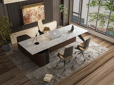 Modern Office Desk With Marble Top Laptop Office Chairs Plants And Area Rug 3d model