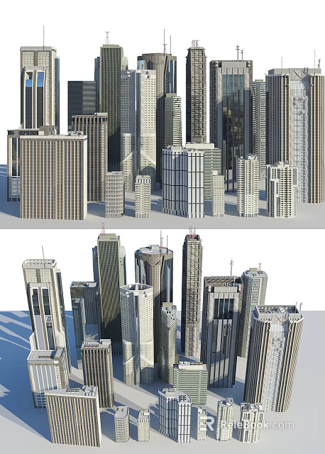 Modern Urban Skyscraper Complex With Glass Facades And High Rise Towers 3d model 