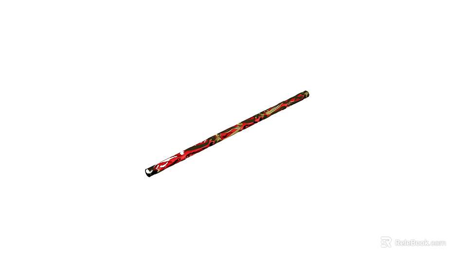 Traditional Long Stick Weapon With Red And Gold Decorative Patterns 3d model 