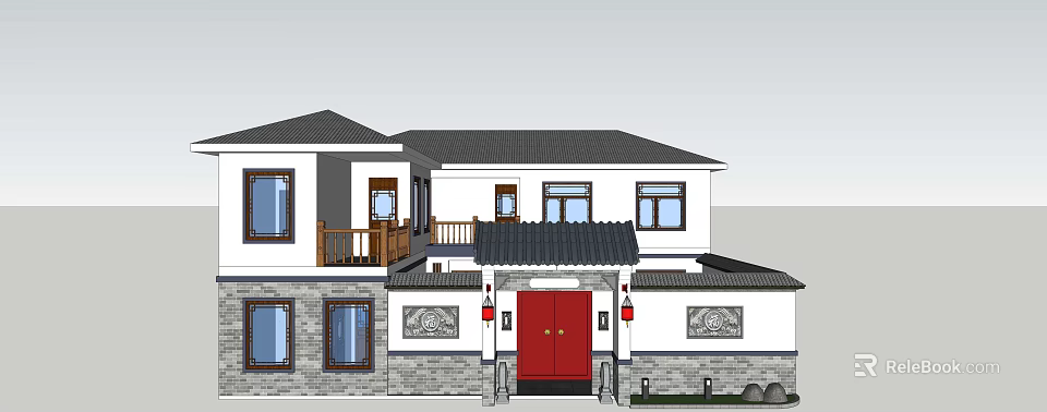 Ancient Chinese Traditional Architecture With Red Door Black Roof White Walls And Carved Decorations 3d model 