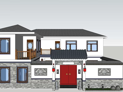 Ancient Chinese Traditional Architecture With Red Door Black Roof White Walls And Carved Decorations 3d model
