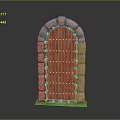 Rustic Arch Wooden Door With Stone Frame And Metal Hinges Design