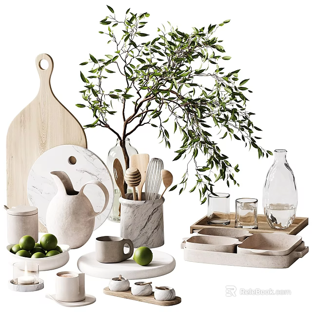Modern Dinnerware Set with Wooden Cutting Board Marble Pitcher Mugs Tray and Olive Branch 3d model 