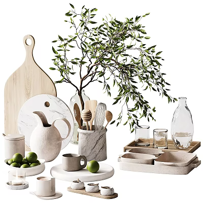 Modern Dinnerware Set with Wooden Cutting Board Marble Pitcher Mugs Tray and Olive Branch 3d model