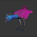 Feathered Fantasy Creature With Blue Neck Brown Feathers Horned Head Open Mouth Standing Pose