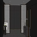 Modern Elegant Public Restroom With Black And Gold Decor Marble Countertops Mirrors And Lighting Design