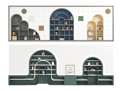 Colorful Arched Decorative Cabinets Featuring Books Toys And Decor Items In Kids Room 3d model
