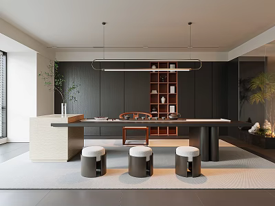 Modern Tea Room Interior Design With Wooden Table Stools And Shelves For Tea Sets 3d model
