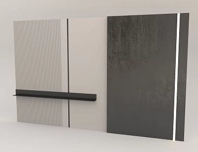 Feature Wall Design With Gray Striped White And Dark Distressed Texture Panels And Black Shelf 3d model