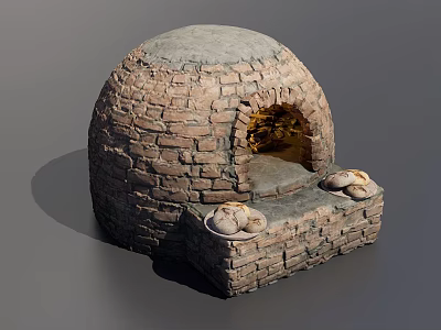 Ancient Traditional Brick Stone Oven With Dome Structure And Freshly Baked Bread On Side 3d model