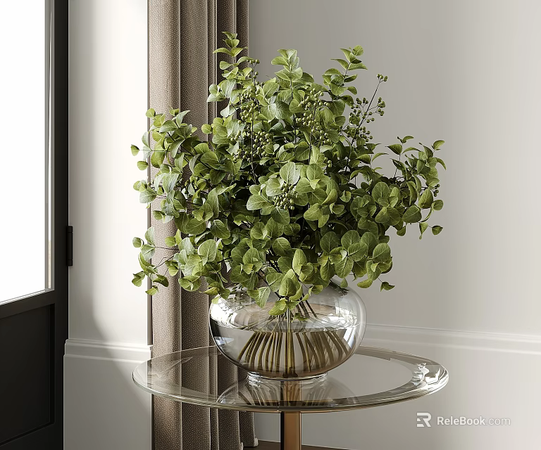 Green Eucalyptus Foliage In Transparent Glass Vase On Round Glass Table With Natural Light 3d model 
