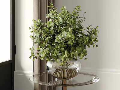 Green Eucalyptus Foliage In Transparent Glass Vase On Round Glass Table With Natural Light 3d model