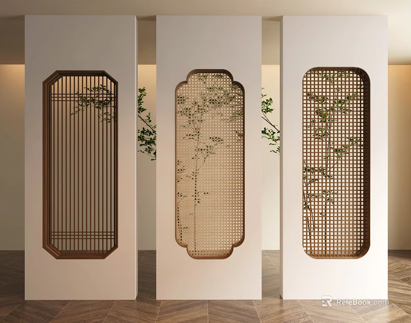 Chinese Style Wooden Room Dividers with Intricate Carved Patterns and Plants 3d model 