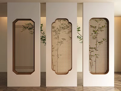 Chinese Style Wooden Room Dividers with Intricate Carved Patterns and Plants 3d model