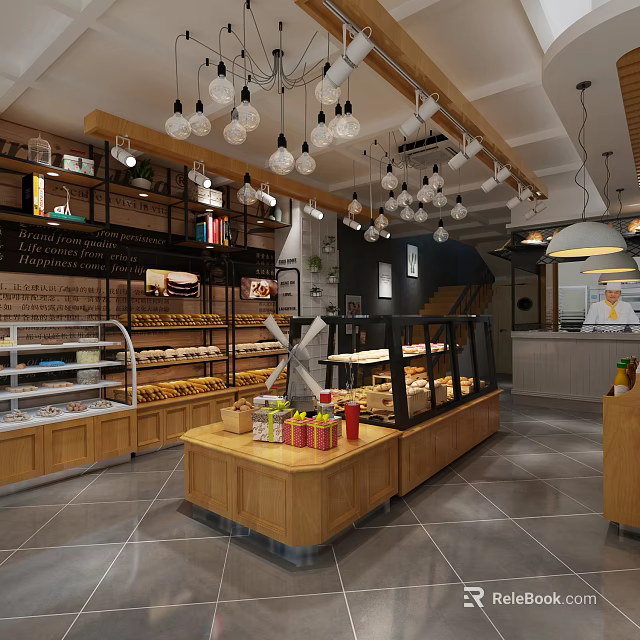 Sweet Shop Interior With Bakery Display Cases Wooden Counter And Pendant Lights 3d model 
