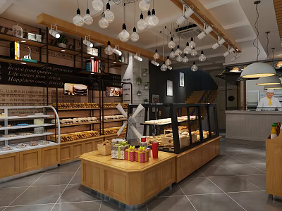 Sweet Shop Interior With Bakery Display Cases Wooden Counter And Pendant Lights 3d model