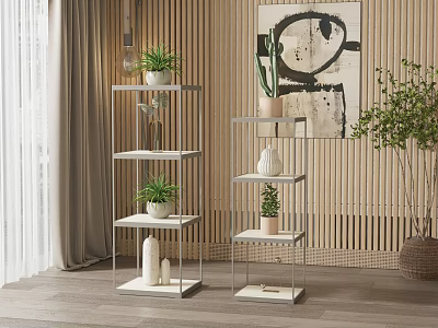Indoor Garden Decor With Multi Tiered Plant Stands Green Plants And Bamboo Wall 3d model