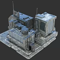 Cartoon Scene of Futuristic Industrial Buildings with Antennas Pipes and Metal Structures