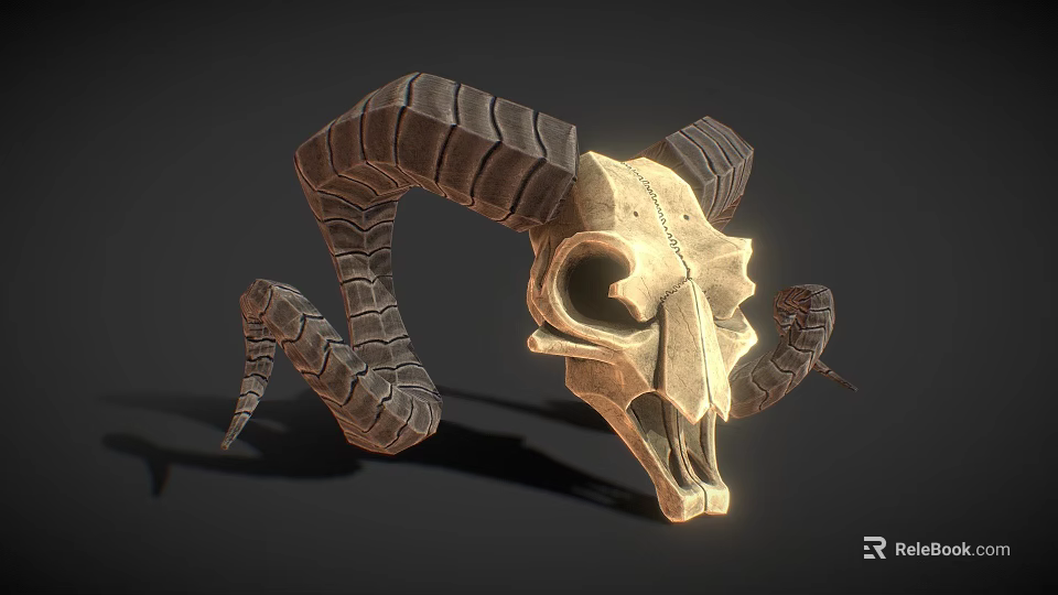 Ram Skull With Curved Textured Horns And Detailed Bone Structure In Shadow 3d model 