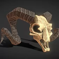 Ram Skull With Curved Textured Horns And Detailed Bone Structure In Shadow