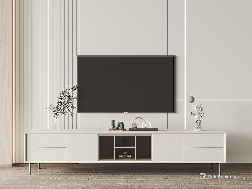 Modern White TV Stand with Flat Screen TV Green Plant Decorations and Striped Wall 3d model 