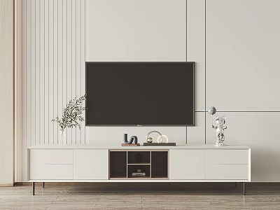 Modern White TV Stand with Flat Screen TV Green Plant Decorations and Striped Wall 3d model