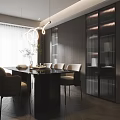 Modern Restaurant Interior With Dining Table Chairs Pendant Light And Wooden Bookshelves