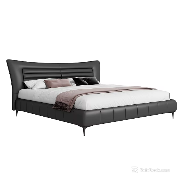 Modern Black Double Bed With Leather Headboard White Sheets Pillows And Brown Blanket 3d model