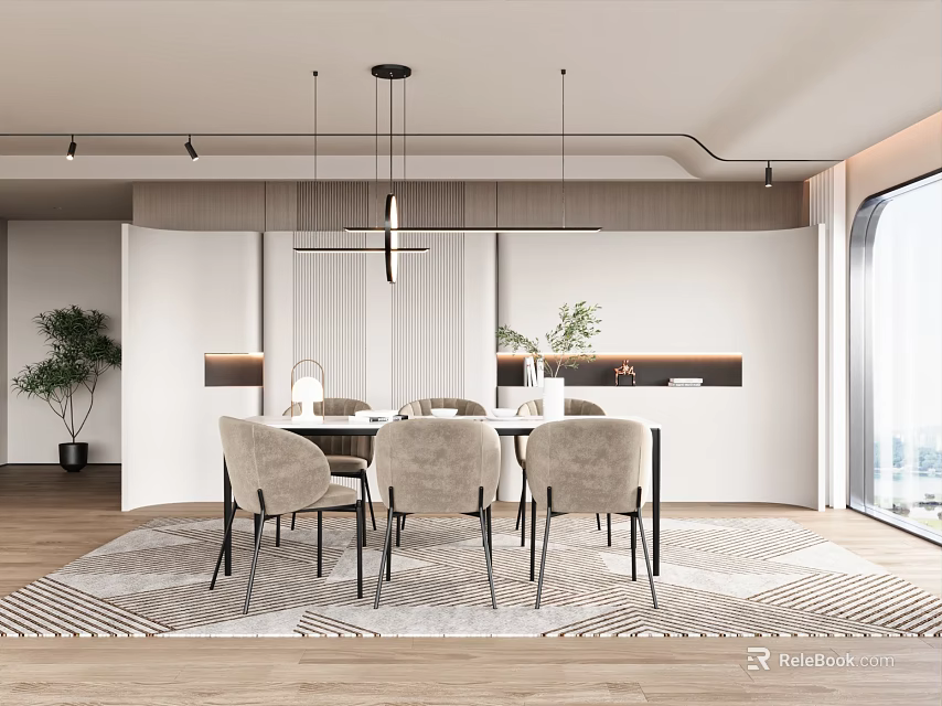 Modern Restaurant Interior With Dining Table Chairs Pendant Lights Area Rug And Green Plant 3d model 