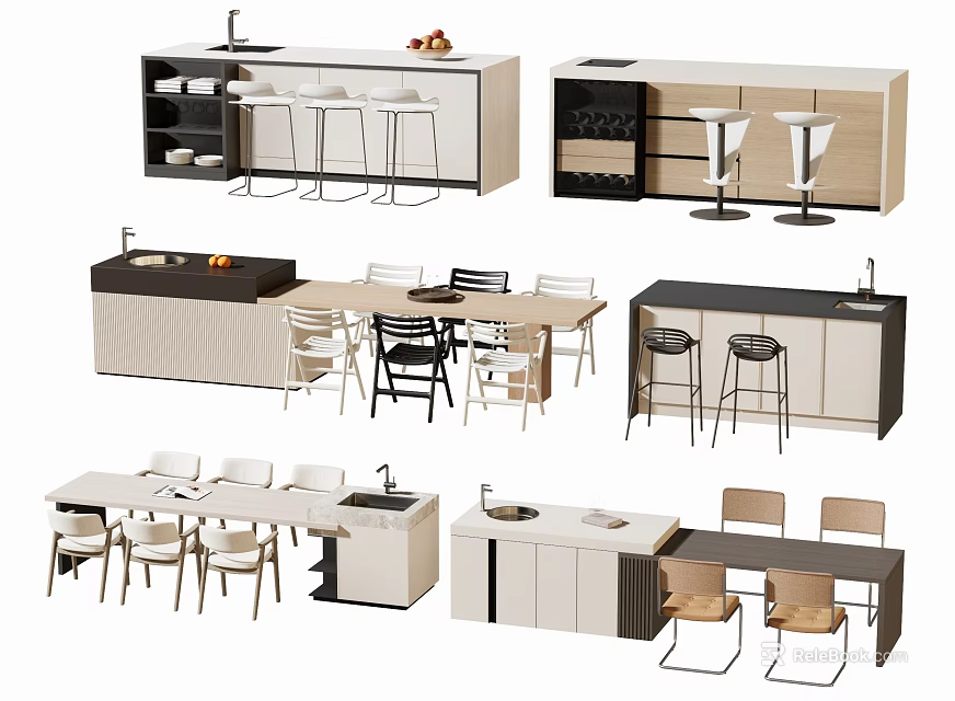 Modern Bar Counter Designs With Bar Stools Storage Cabinets And Dining Tables 3d model