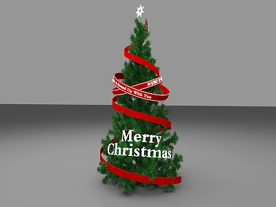 Floral Christmas Tree Decoration With Red Ribbons Star On Top And Merry Christmas Text 3d model